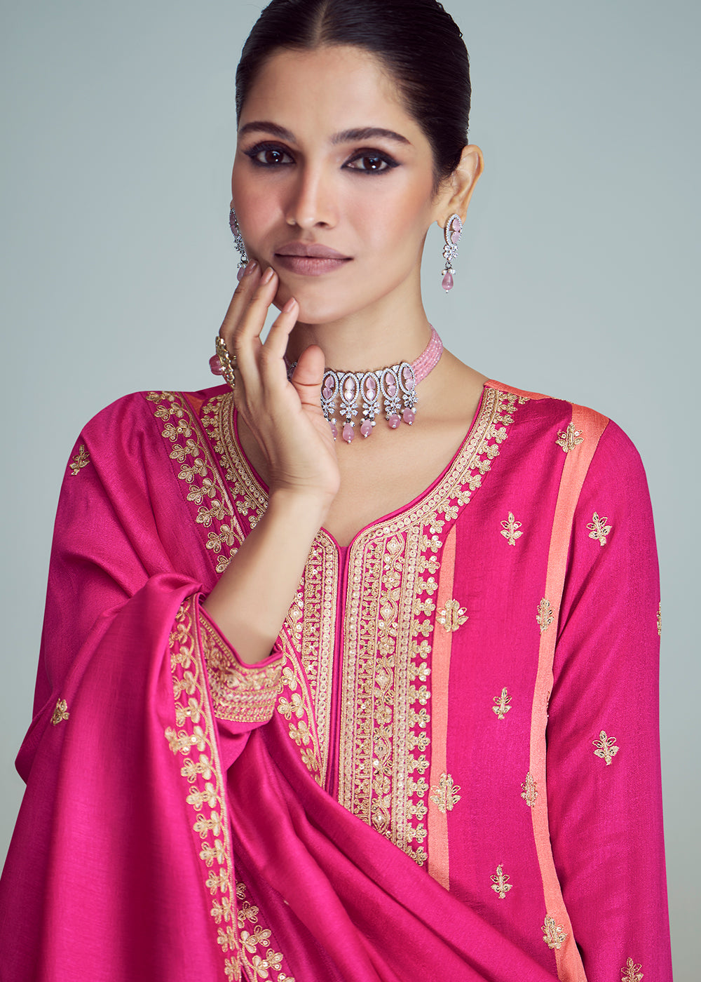Buy Now Pink & Peach Silk Embroidered Peplum Punjabi Style Suit Online in USA, UK, Canada, Germany, Australia & Worldwide at Empress Clothing.