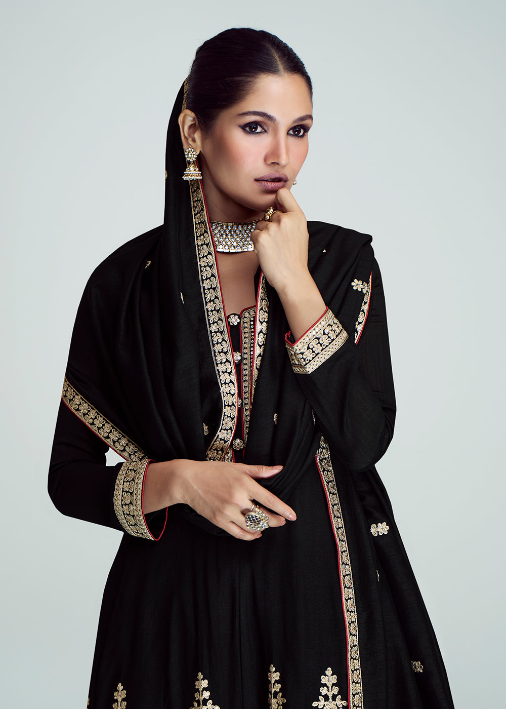 Buy Now Party Black Silk Embroidered Peplum Punjabi Style Suit Online in USA, UK, Canada, Germany, Australia & Worldwide at Empress Clothing. 