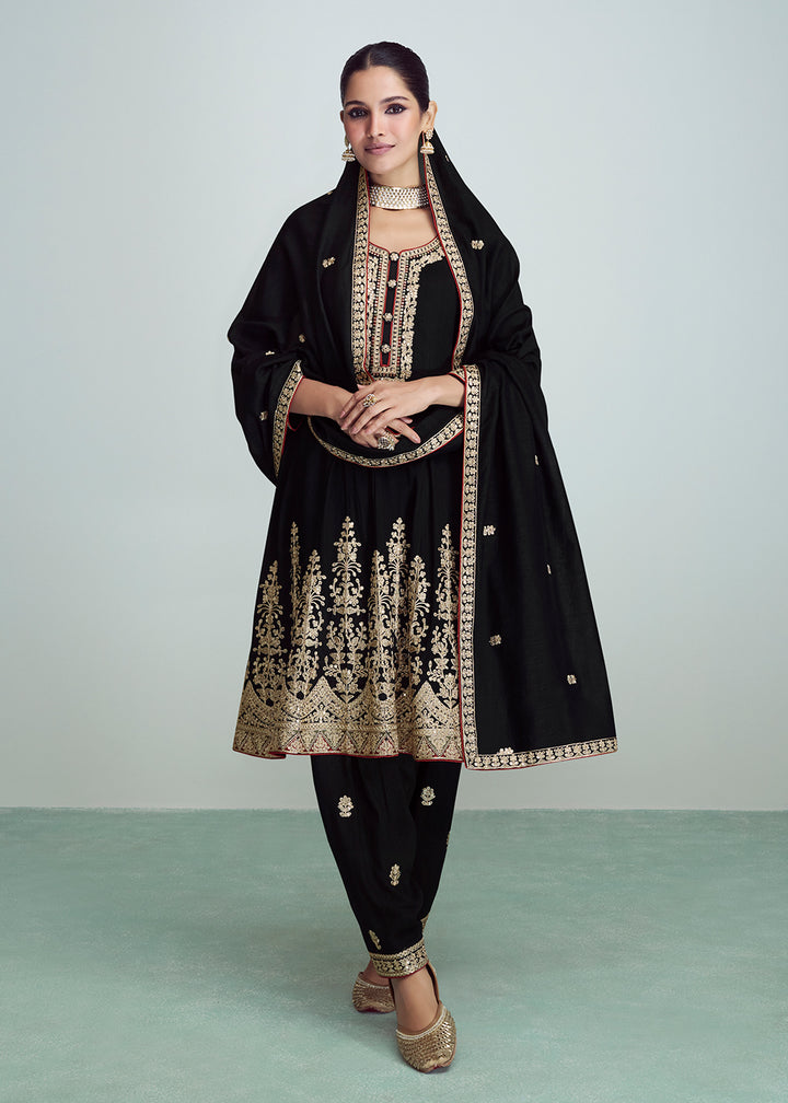 Buy Now Party Black Silk Embroidered Peplum Punjabi Style Suit Online in USA, UK, Canada, Germany, Australia & Worldwide at Empress Clothing. 