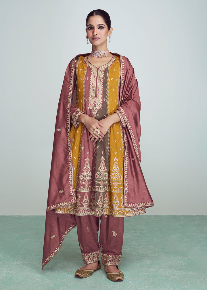 Mauve Multicolor Silk Embroidered Peplum Punjabi Style Suit