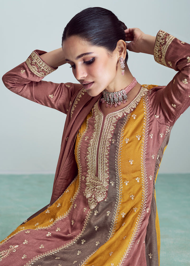 Mauve Multicolor Silk Embroidered Peplum Punjabi Style Suit