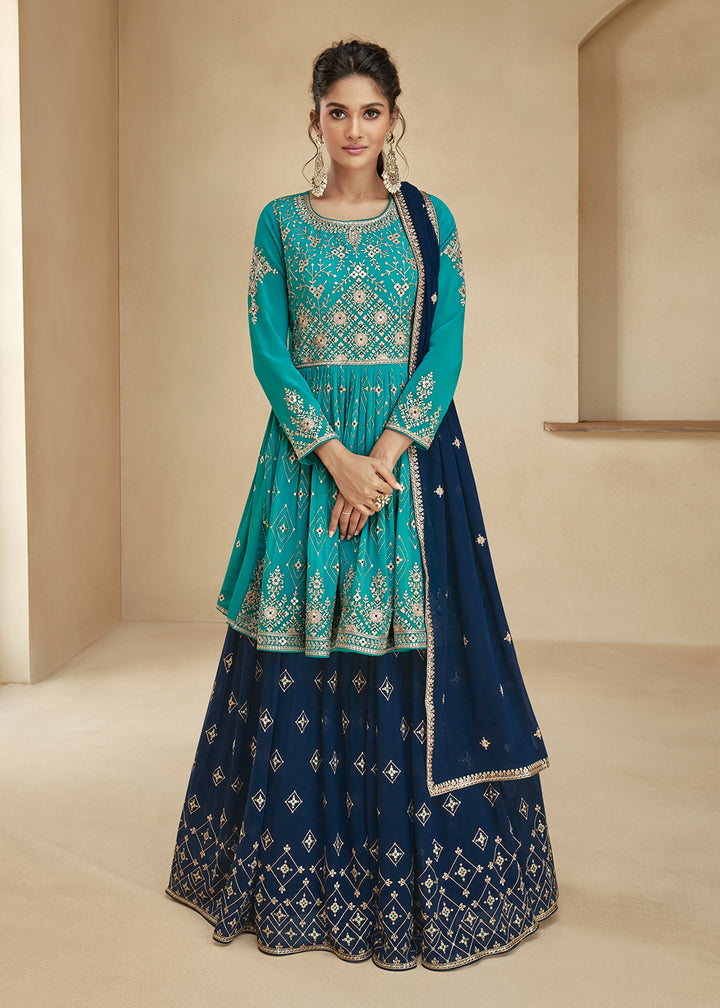 Buy Now Turquoise & Blue Sharara Top Style Lehenga Anarkali Online in USA, UK, Australia, New Zealand, Canada & Worldwide at Empress Clothing.
