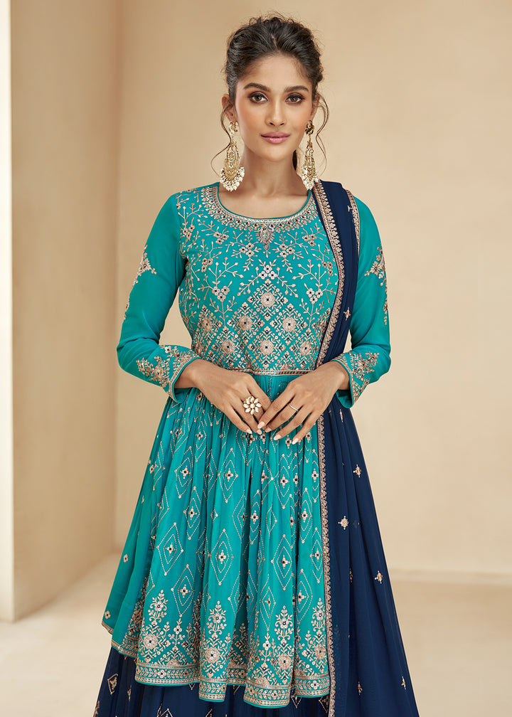 Buy Now Turquoise & Blue Sharara Top Style Lehenga Anarkali Online in USA, UK, Australia, New Zealand, Canada & Worldwide at Empress Clothing.