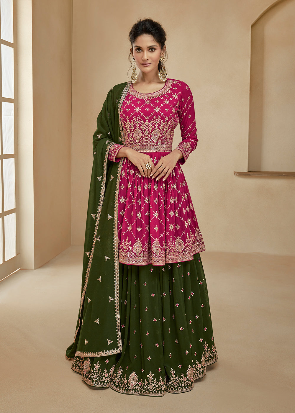 pink and green indian dress Green Pink Silk Elegant Dress