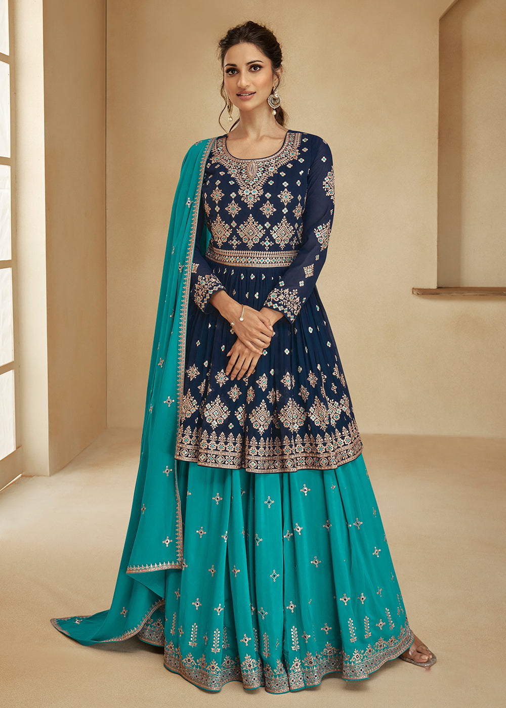 Buy Now Blue & Turquoise Sharara Top Style Lehenga Anarkali Online in USA, UK, Australia, New Zealand, Canada & Worldwide at Empress Clothing. 