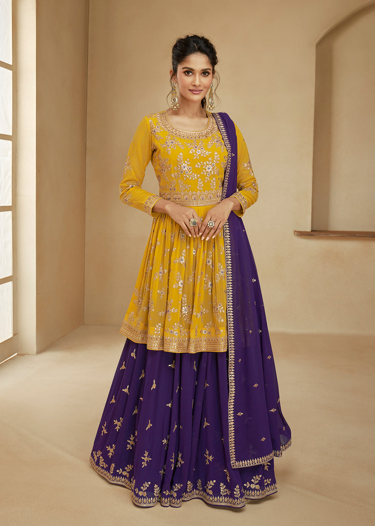 Lehenga Anarkali Yellow Purple Sharara Top Style Lehenga