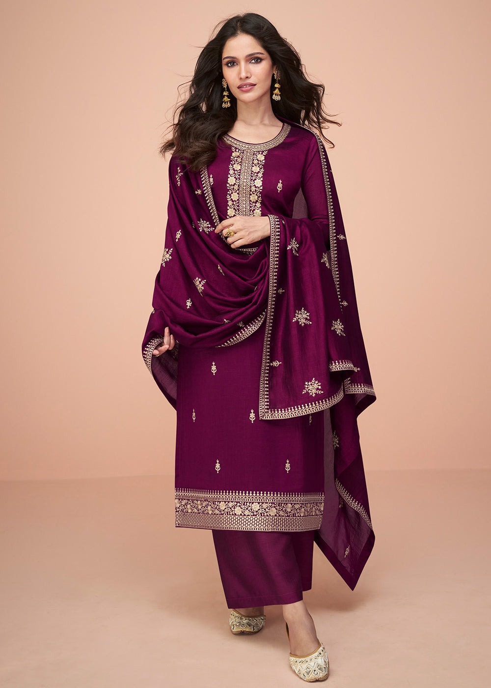 Buy Now Tempting Wine Silk Embroidered Palazzo Salwar Suit Online in USA, UK, Canada, Germany, Australia & Worldwide at Empress Clothing. 
