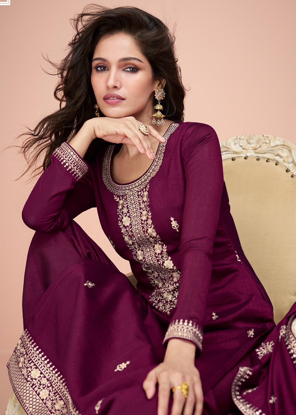 Buy Now Tempting Wine Silk Embroidered Palazzo Salwar Suit Online in USA, UK, Canada, Germany, Australia & Worldwide at Empress Clothing. 