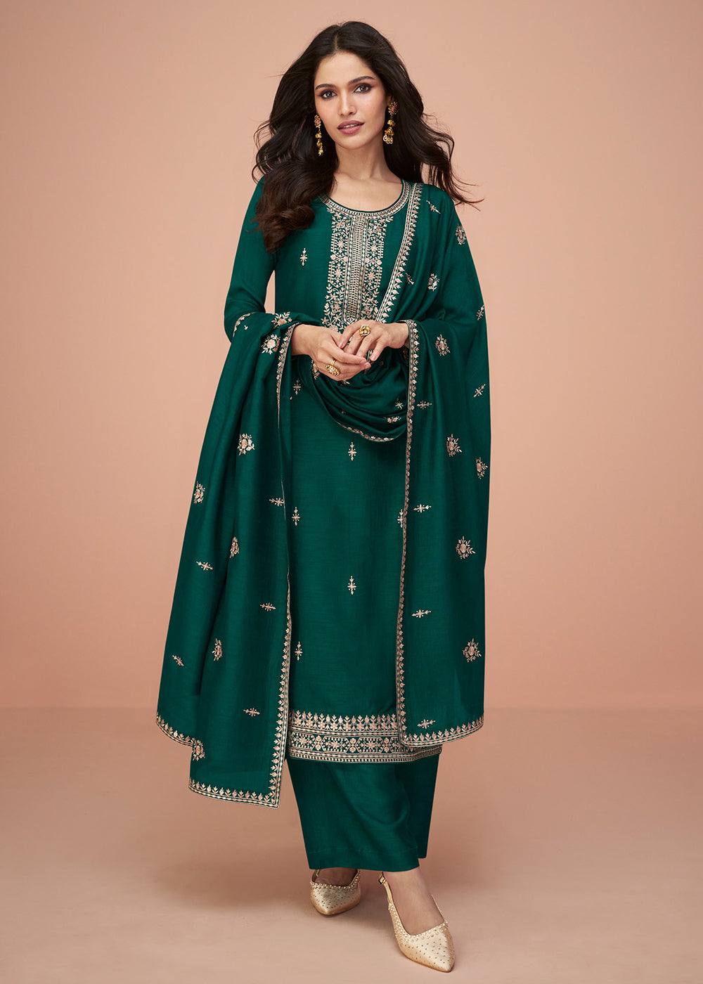 Buy Now Tempting Green Silk Embroidered Palazzo Salwar Suit Online in USA, UK, Canada, Germany, Australia & Worldwide at Empress Clothing. 
