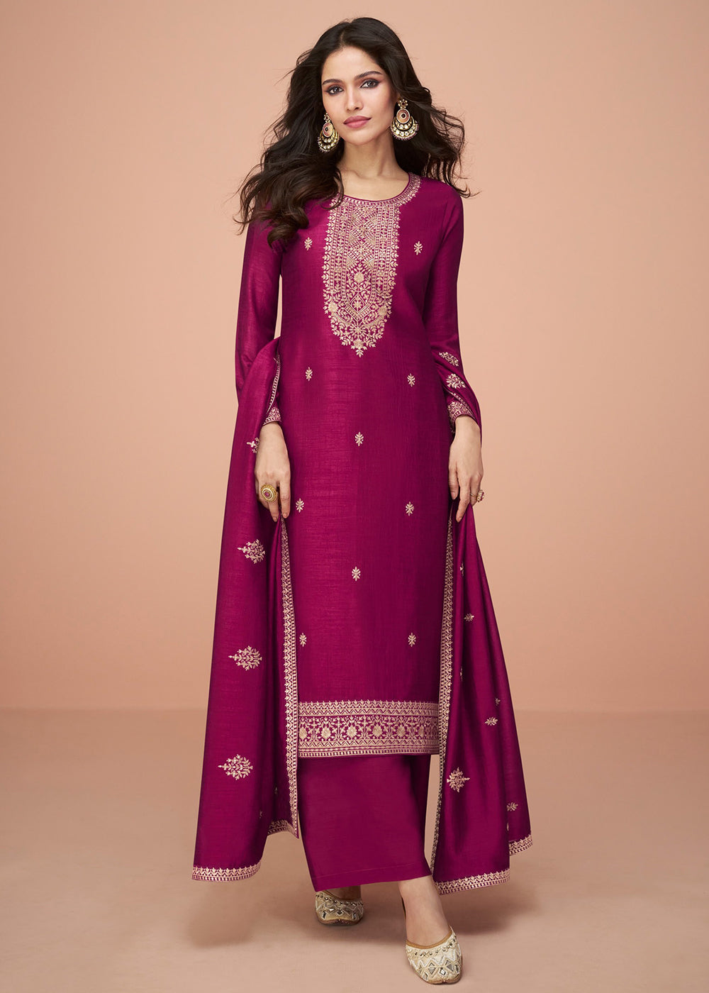 Buy Now Tempting Magenta Silk Embroidered Palazzo Salwar Suit Online in USA, UK, Canada, Germany, Australia & Worldwide at Empress Clothing.