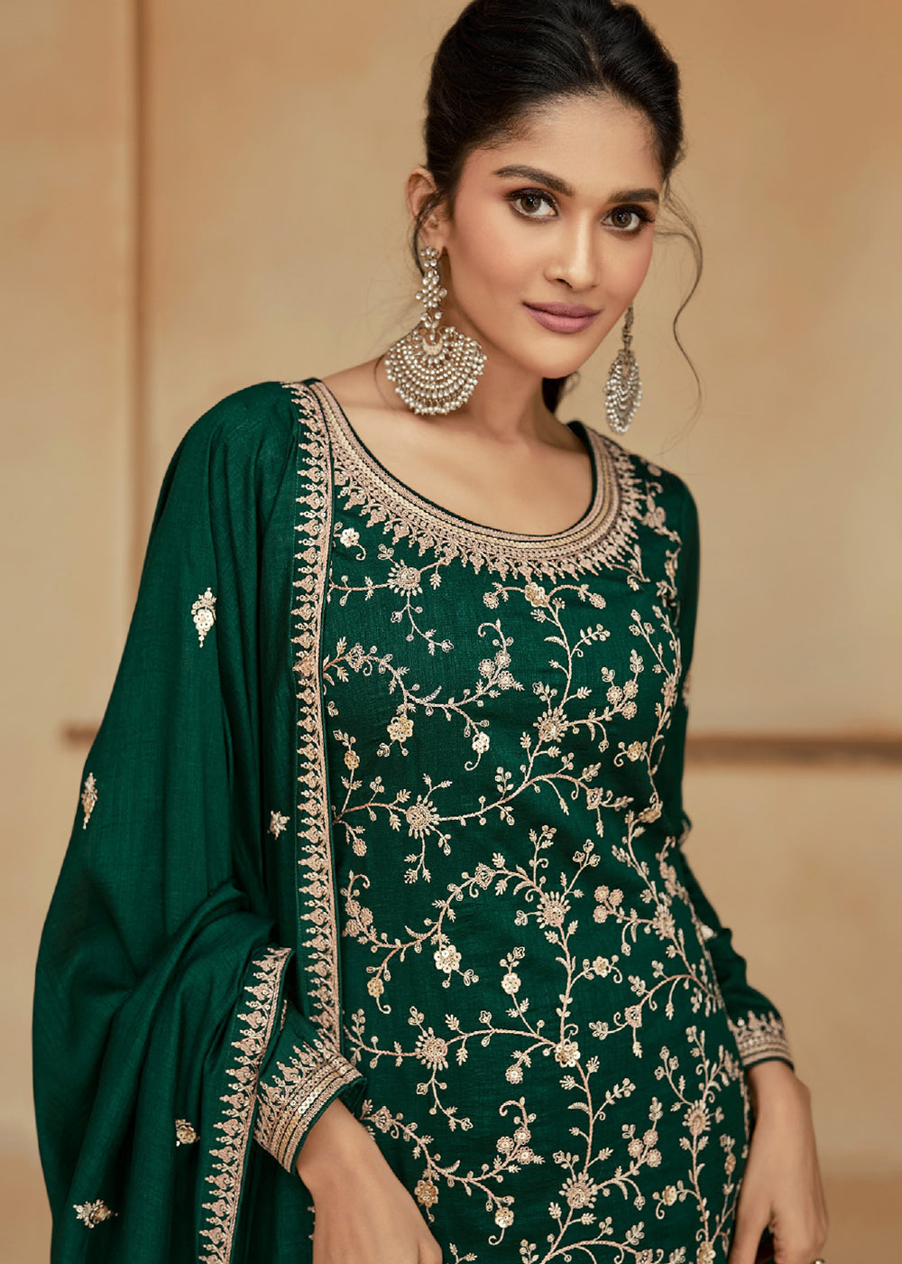 Buy Now Dark Green Zari & Sequins Work Palazzo Salwar Suit Online in USA, UK, Canada, Germany, Australia & Worldwide at Empress Clothing.