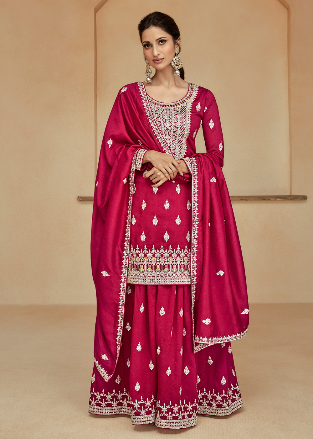 Buy Now Rani Pink Zari & Sequins Work Palazzo Salwar Suit Online in USA, UK, Canada, Germany, Australia & Worldwide at Empress Clothing.