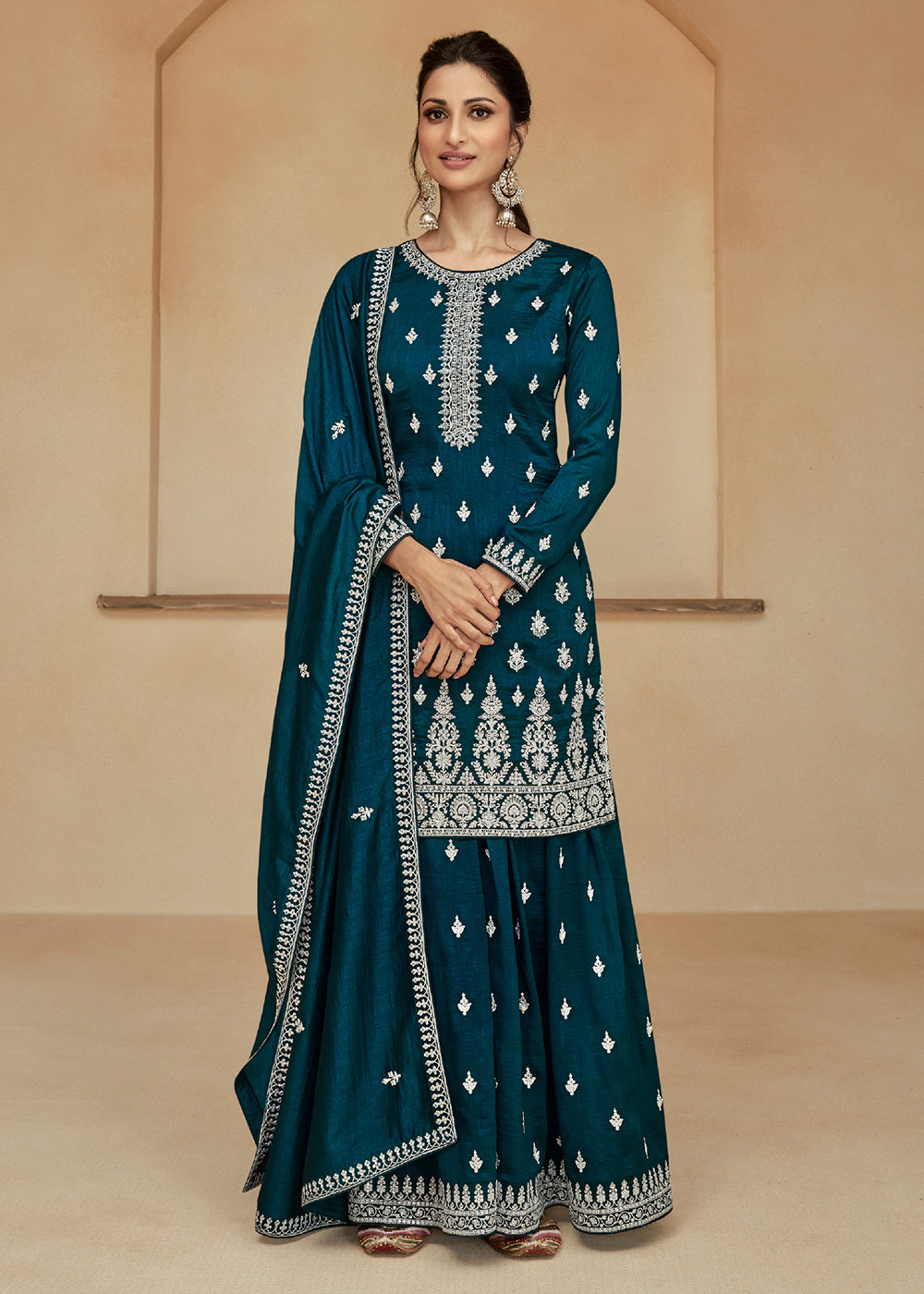 Buy Now Teal Blue Zari & Sequins Work Palazzo Salwar Suit Online in USA, UK, Canada, Germany, Australia & Worldwide at Empress Clothing. 