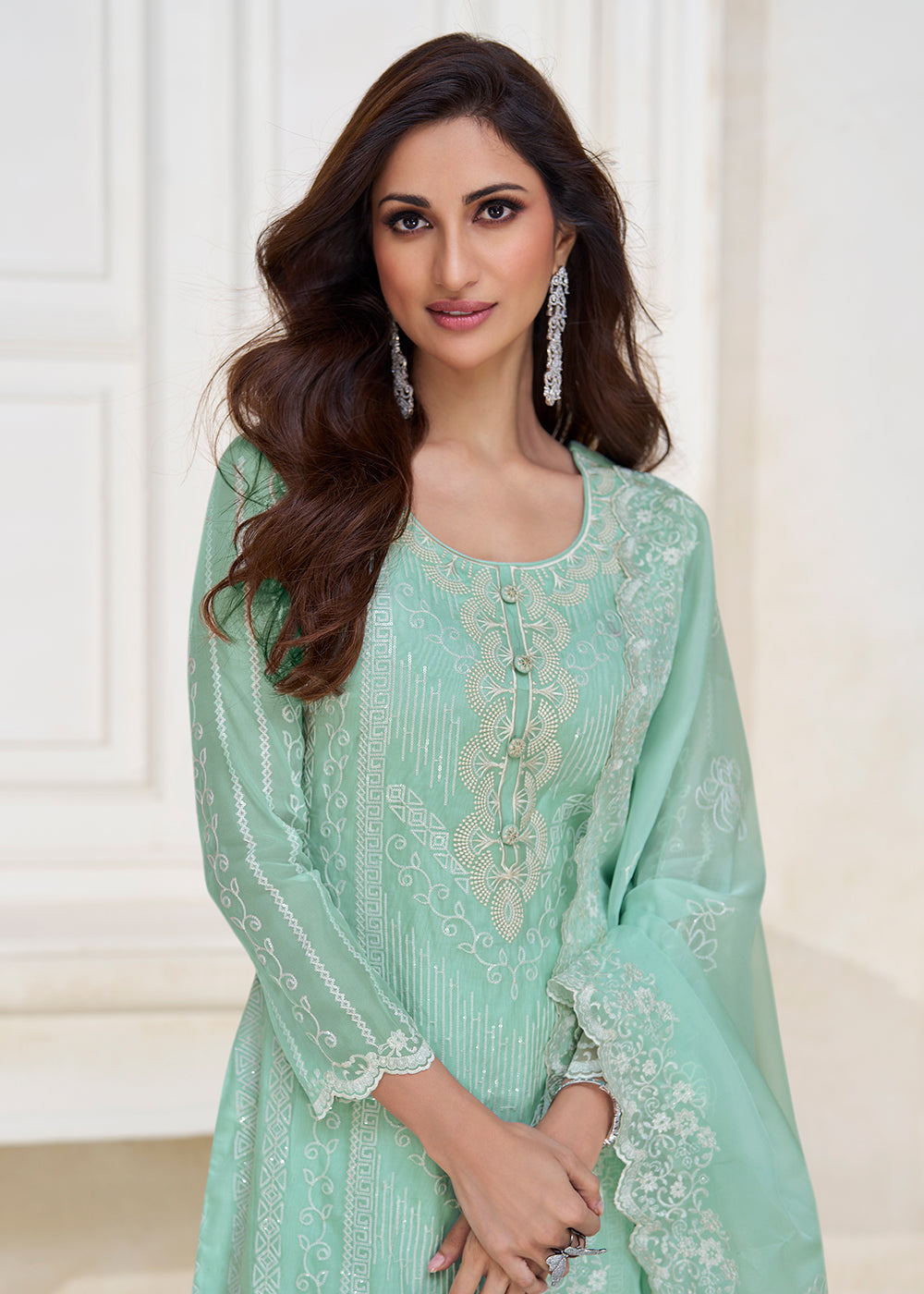 Buy Now Pastel Aqua Blue Organza Silk Designer Salwar Suit Online in USA, UK, Canada, Germany, Australia & Worldwide at Empress Clothing. 