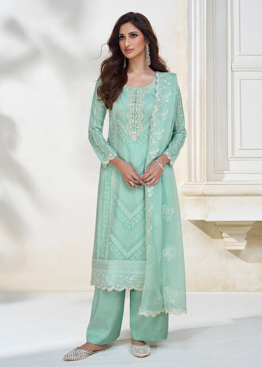 Buy Now Pastel Aqua Blue Organza Silk Designer Salwar Suit Online in USA, UK, Canada, Germany, Australia & Worldwide at Empress Clothing. 