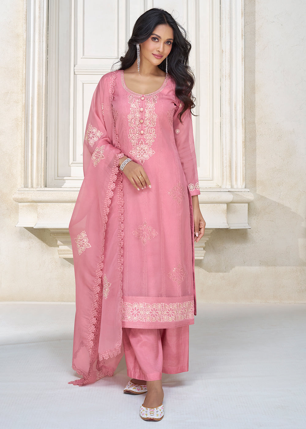 Buy Now Pastel Pink Organza Silk Designer Salwar Suit Online in USA, UK, Canada, Germany, Australia & Worldwide at Empress Clothing.