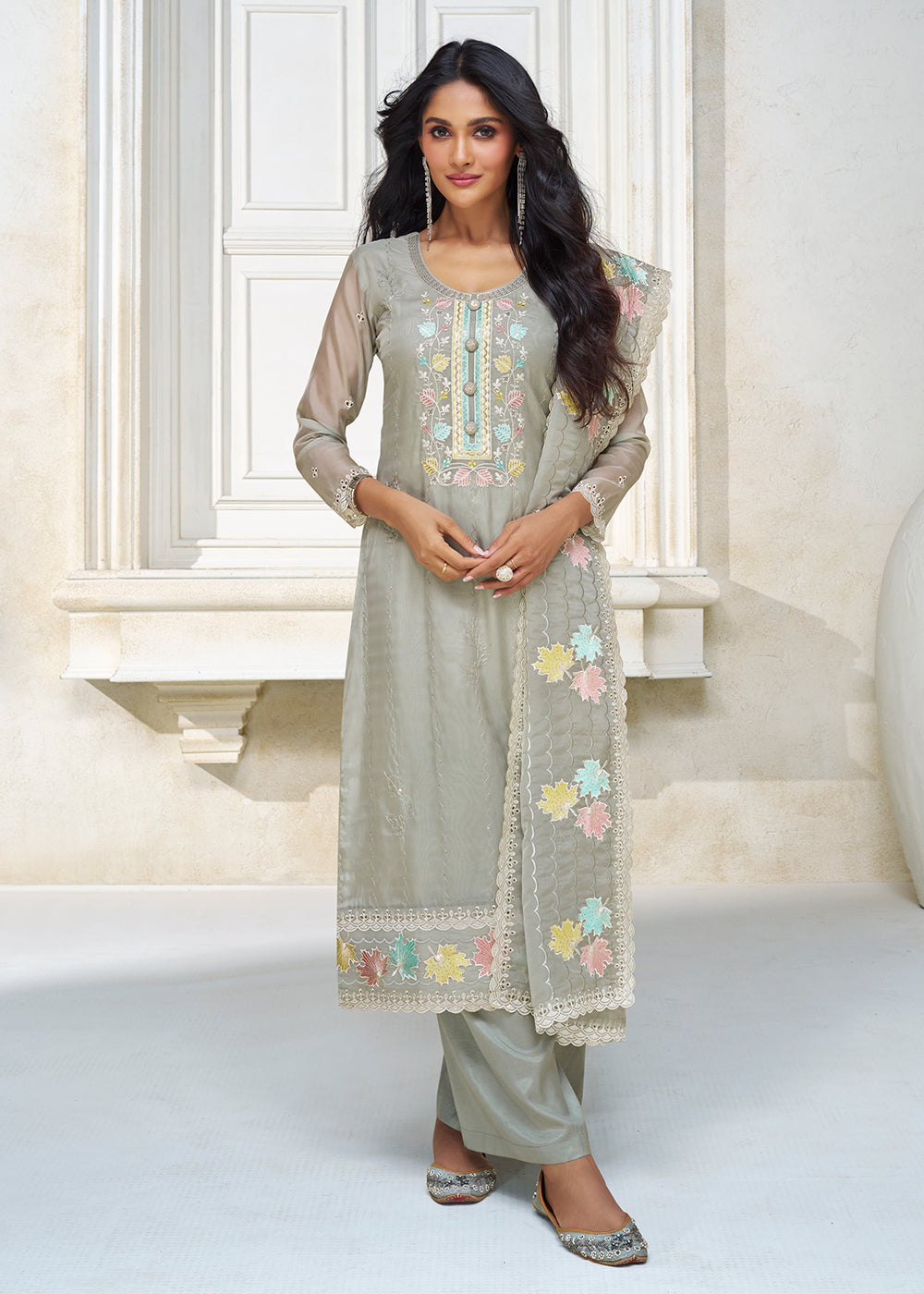 Buy Now Pastel Grey  Organza Silk Designer Salwar Suit Online in USA, UK, Canada, Germany, Australia & Worldwide at Empress Clothing.
