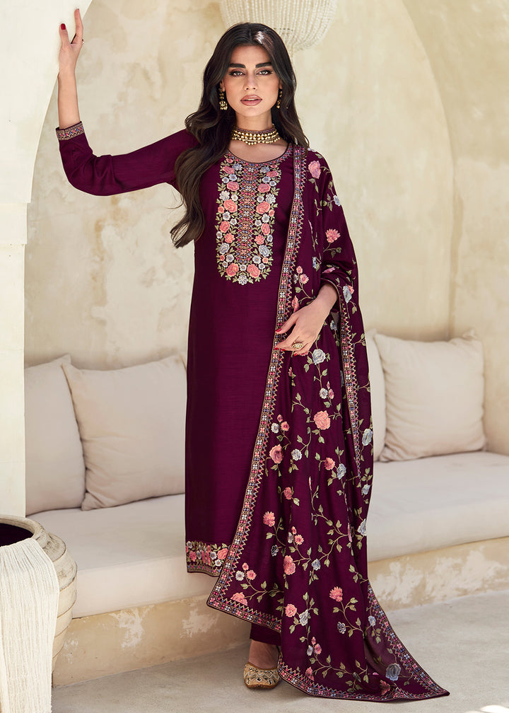 Buy Now Purple Premium Silk Thread Embroidered Salwar Suit Online in USA, UK, Canada, Germany, Australia & Worldwide at Empress Clothing.