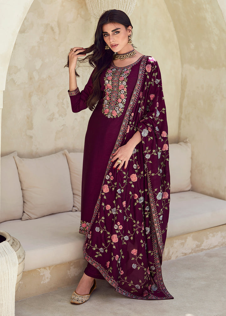 Buy Now Purple Premium Silk Thread Embroidered Salwar Suit Online in USA, UK, Canada, Germany, Australia & Worldwide at Empress Clothing.