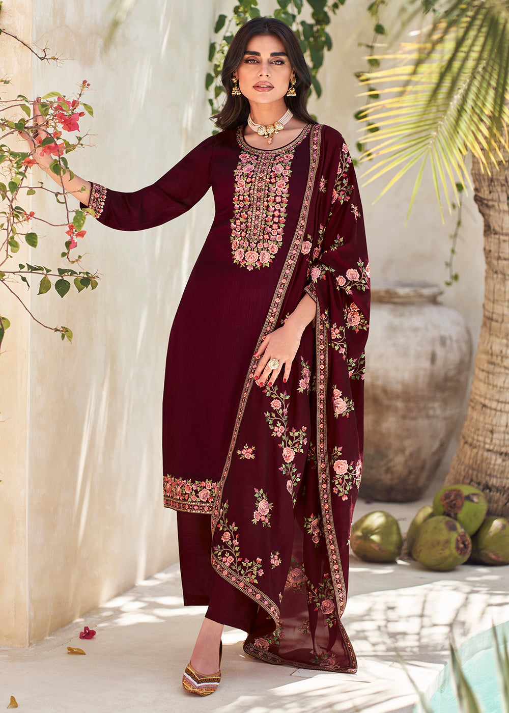 Buy Now Maroon Premium Silk Thread Embroidered Salwar Suit Online in USA, UK, Canada, Germany, Australia & Worldwide at Empress Clothing. 