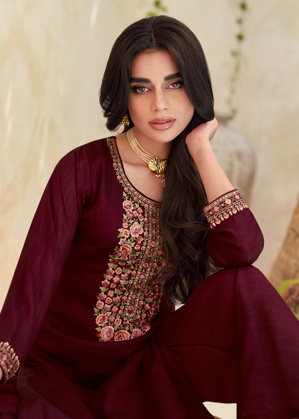 Buy Now Maroon Premium Silk Thread Embroidered Salwar Suit Online in USA, UK, Canada, Germany, Australia & Worldwide at Empress Clothing. 