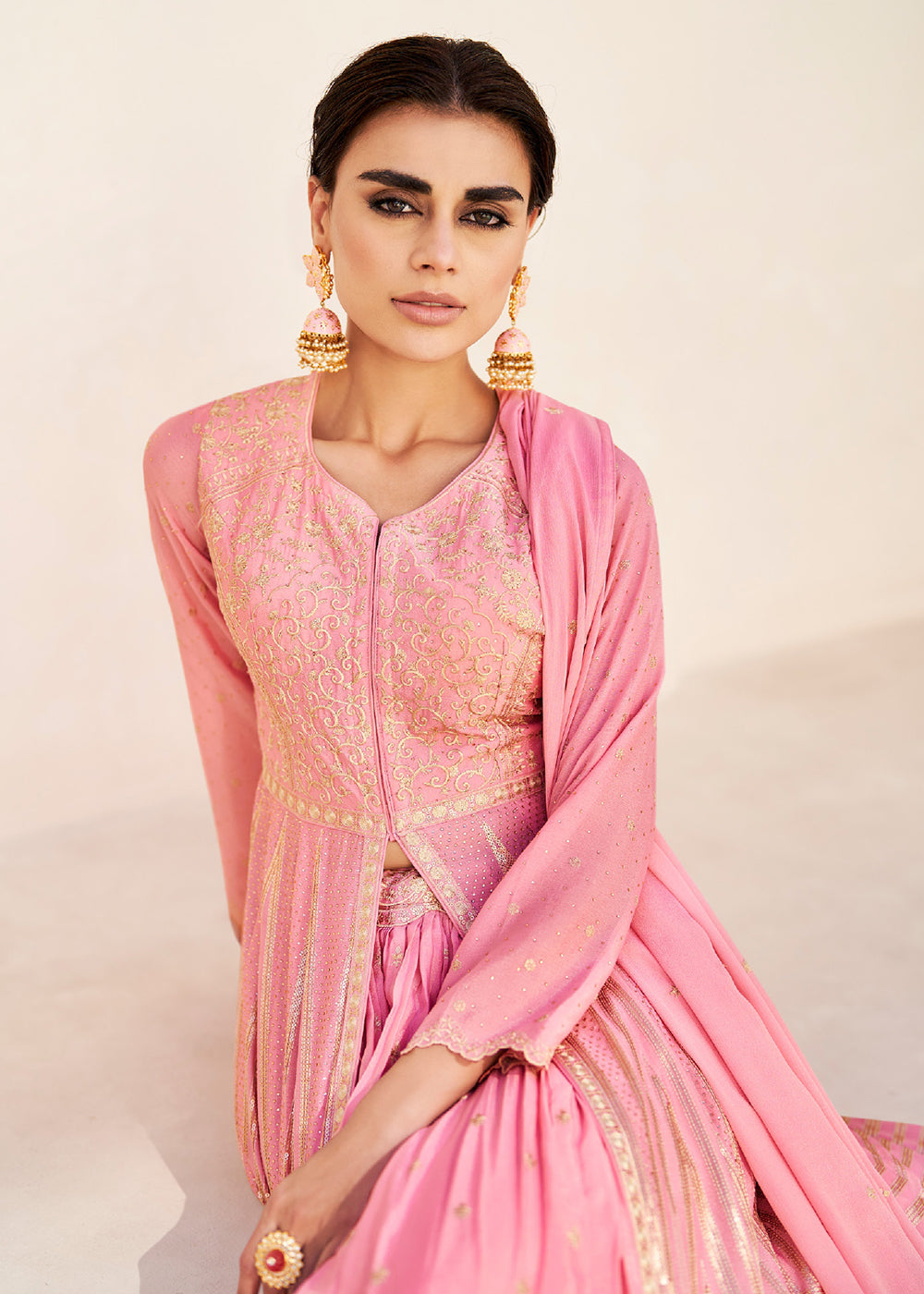 Buy Now Pretty Pink Embroidered Wedding Party Lehenga Skirt Suit Set Online in USA, UK, Canada & Worldwide at Empress Clothing.