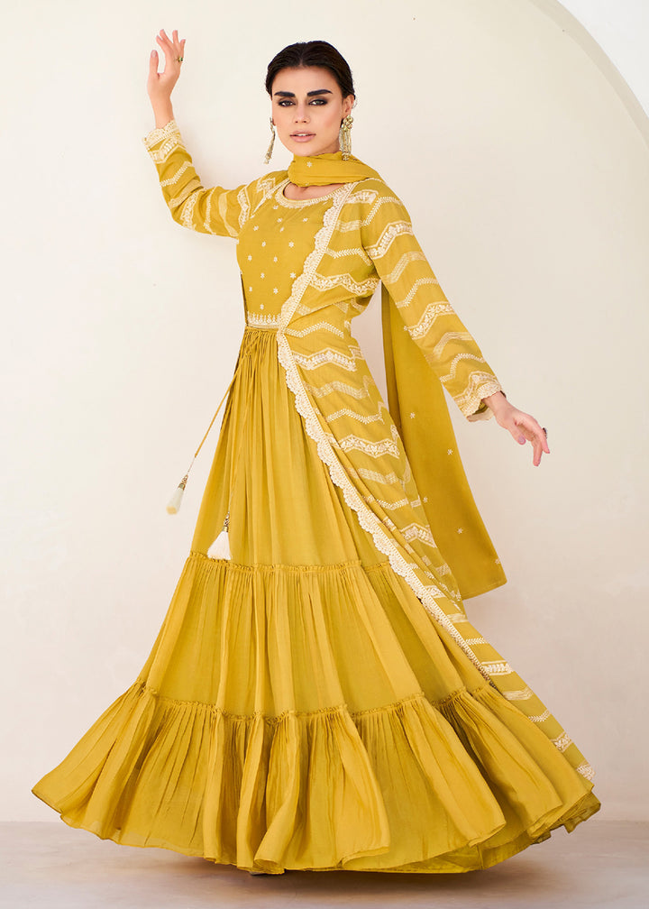 Buy Now Pretty Yellow Koti Style Wedding Party Anarkali Gown Online in USA, UK, Australia, Canada & Worldwide at Empress Clothing. 