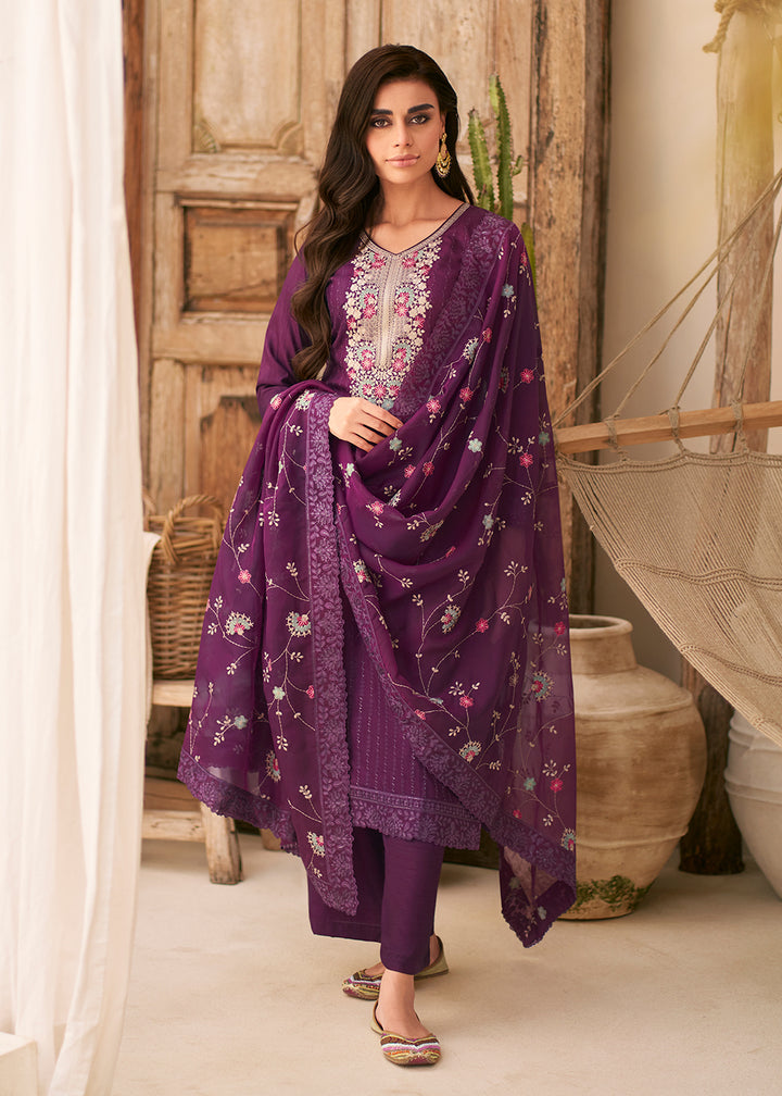 Buy Now Embroidered Purple Dola Silk Festive Style Salwar Suit Online in USA, UK, Canada, Germany, Australia & Worldwide at Empress Clothing.