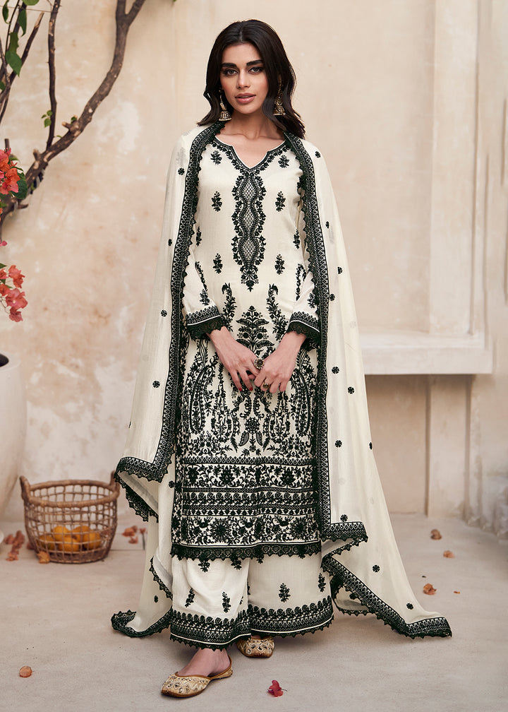 Beautiful Off White Festive Embroidered Palazzo Salwar Suit