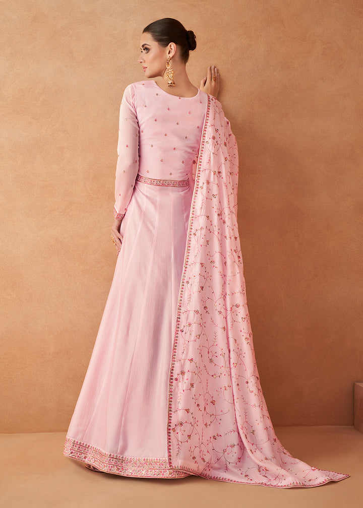 Buy Now Premium Soft Pink Sequins & Thread Designer Anarkali Suit Online in USA, UK, Australia, New Zealand, Canada & Worldwide at Empress Clothing.