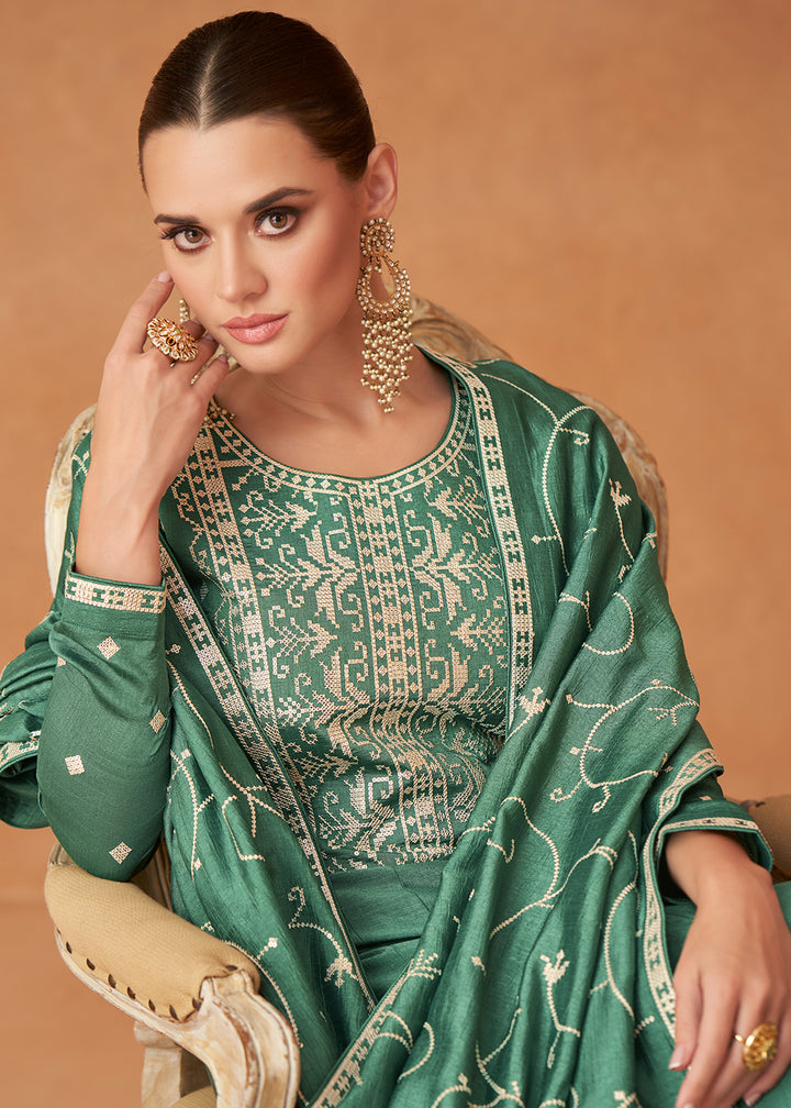Buy Now Premium Green Sequins & Thread Designer Anarkali Suit Online in USA, UK, Australia, New Zealand, Canada & Worldwide at Empress Clothing.