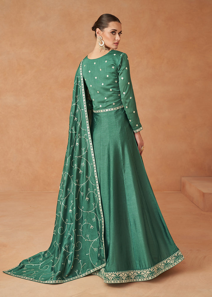 Buy Now Premium Green Sequins & Thread Designer Anarkali Suit Online in USA, UK, Australia, New Zealand, Canada & Worldwide at Empress Clothing.