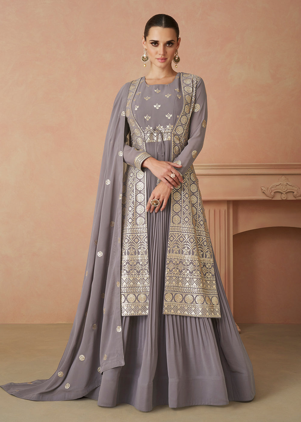 Buy Now Pretty Grey Sequins Embroidered Georgette Designer Gown Online in USA, UK, Australia, Canada & Worldwide at Empress Clothing. 