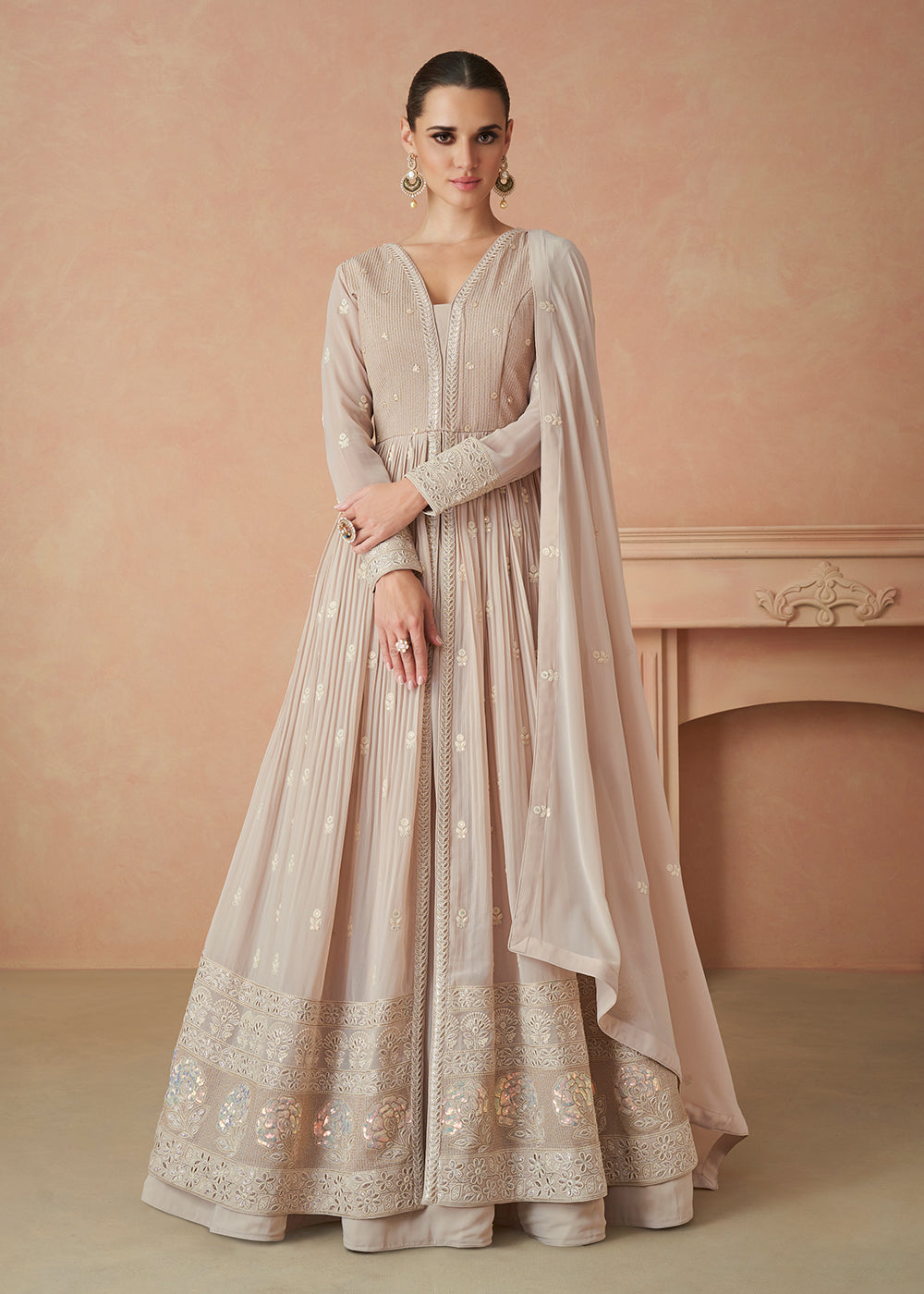 Buy Now Pretty Beige Sequins Embroidered Georgette Designer Gown Online in USA, UK, Australia, Canada & Worldwide at Empress Clothing. 