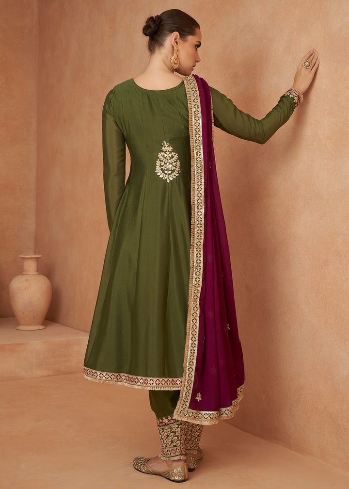 Buy Now Premium Chinnon Mehndi Green Punjabi Style Salwar Suit Online in USA, UK, Canada, Germany, Australia & Worldwide at Empress Clothing.