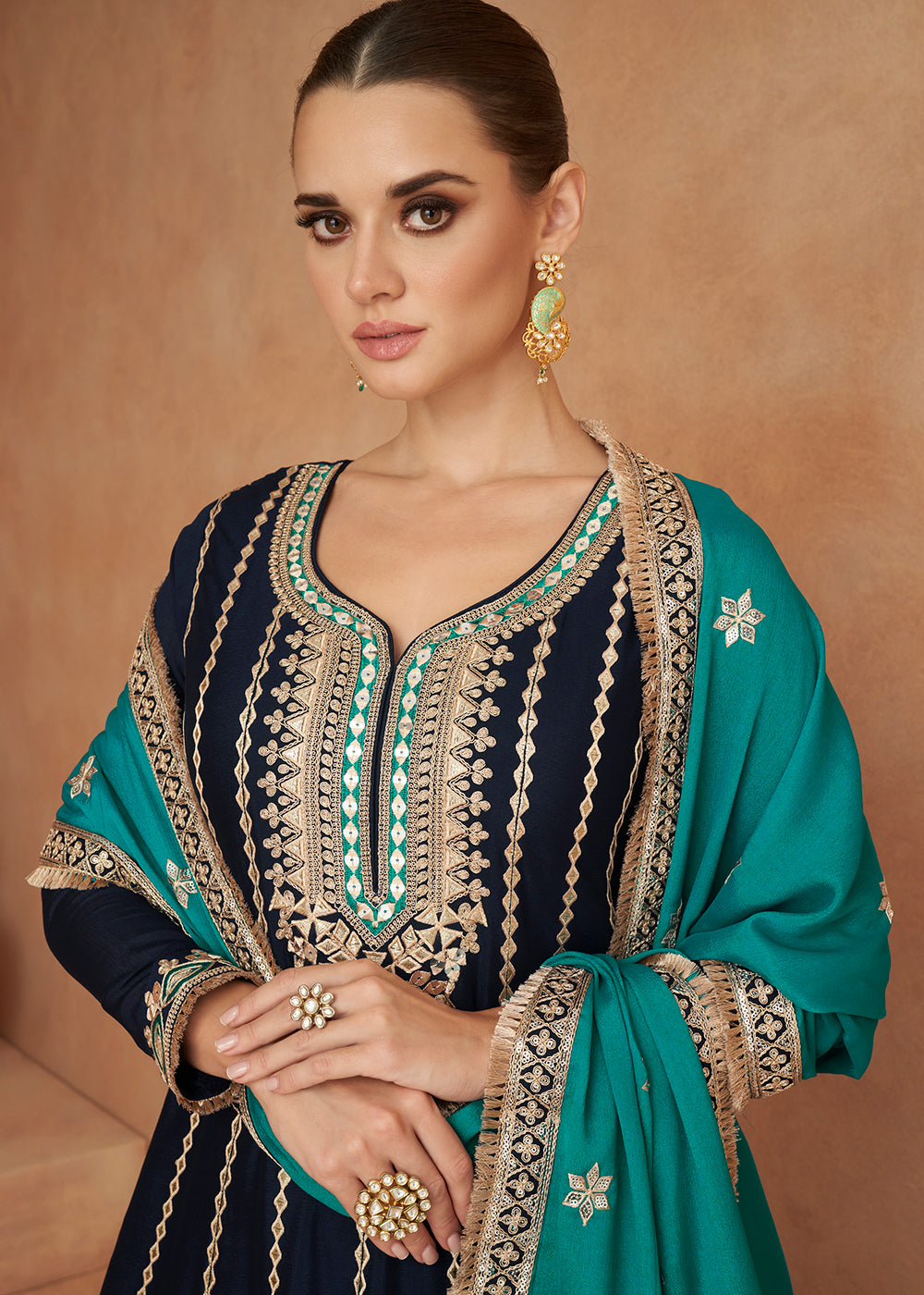 Buy Now Premium Chinnon Dark Blue Punjabi Style Salwar Suit Online in USA, UK, Canada, Germany, Australia & Worldwide at Empress Clothing.
