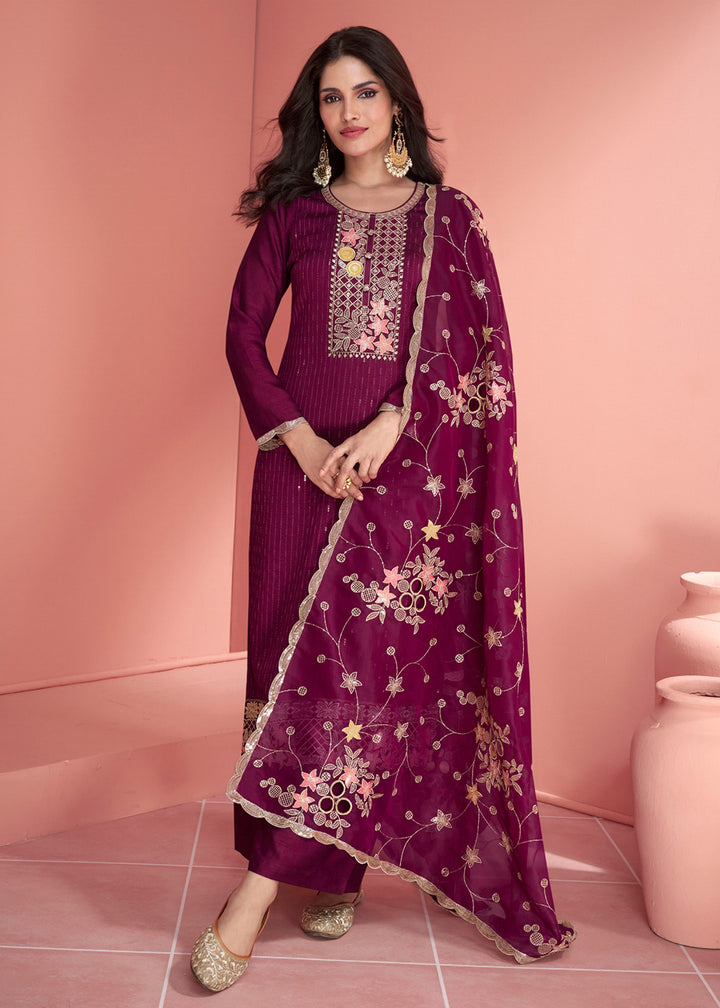 Buy Now Festive Wine Embroidered Premium Silk Palazzo Suit Online in USA, UK, Canada, Germany, Australia & Worldwide at Empress Clothing. 