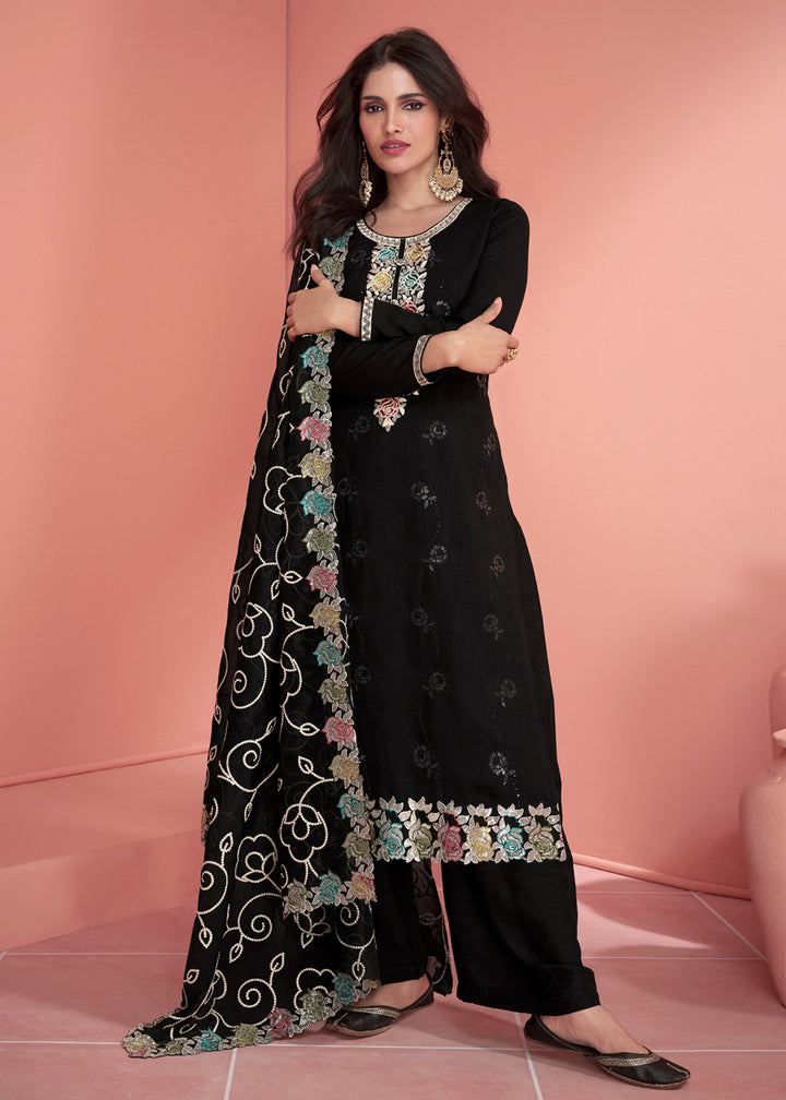 Buy Now Festive Black Embroidered Premium Silk Palazzo Suit Online in USA, UK, Canada, Germany, Australia & Worldwide at Empress Clothing.