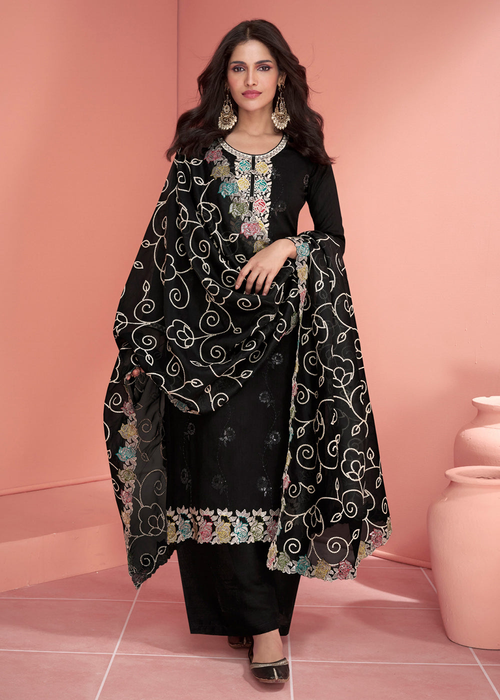 Buy Now Festive Black Embroidered Premium Silk Palazzo Suit Online in USA, UK, Canada, Germany, Australia & Worldwide at Empress Clothing.