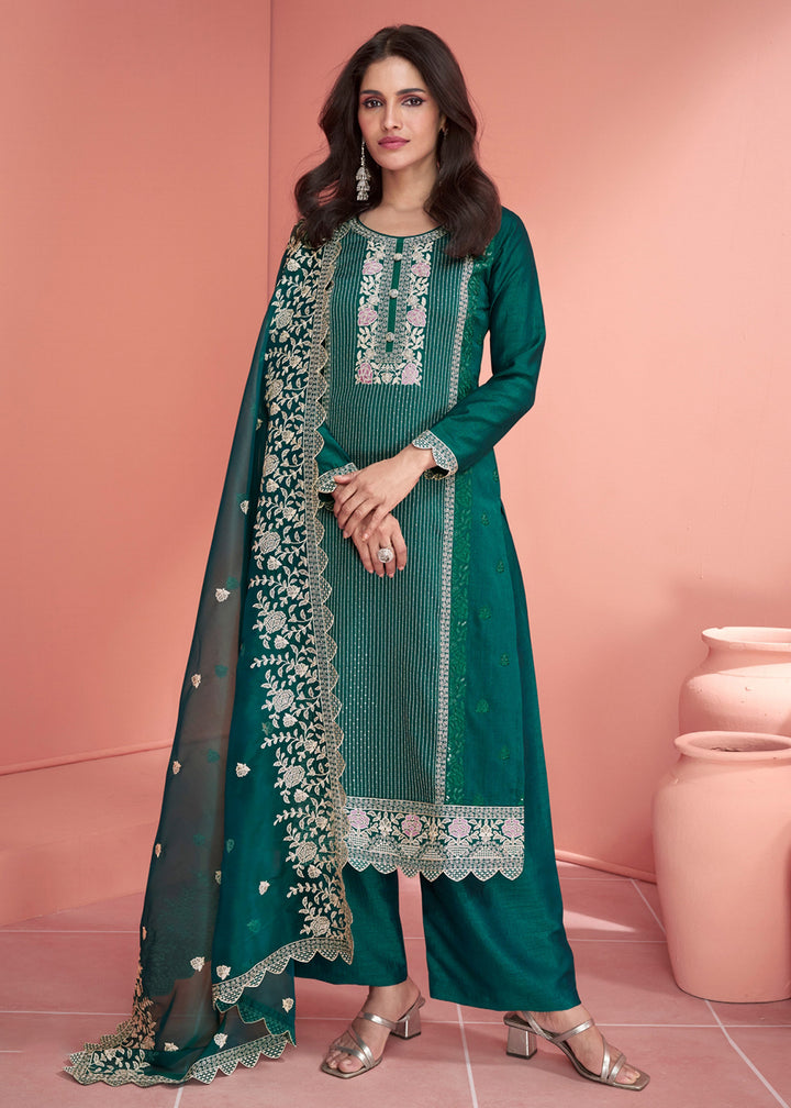 Buy Now Festive Teal Green Embroidered Premium Silk Palazzo Suit Online in USA, UK, Canada, Germany, Australia & Worldwide at Empress Clothing.
