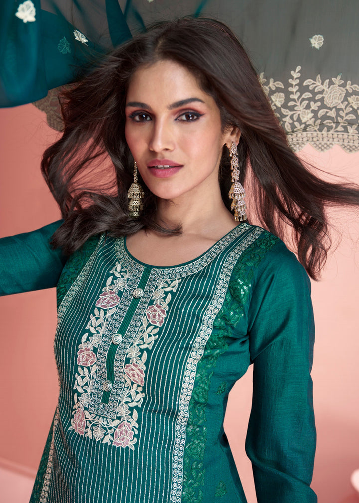 Buy Now Festive Teal Green Embroidered Premium Silk Palazzo Suit Online in USA, UK, Canada, Germany, Australia & Worldwide at Empress Clothing.