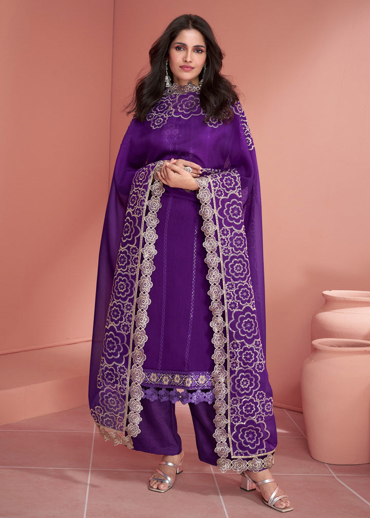 Buy Now Festive Purple Embroidered Premium Silk Palazzo Suit Online in USA, UK, Canada, Germany, Australia & Worldwide at Empress Clothing. 
