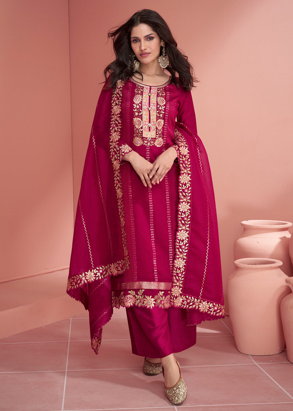 Buy Now Festive Rani Pink Embroidered Premium Silk Palazzo Suit Online in USA, UK, Canada, Germany, Australia & Worldwide at Empress Clothing.