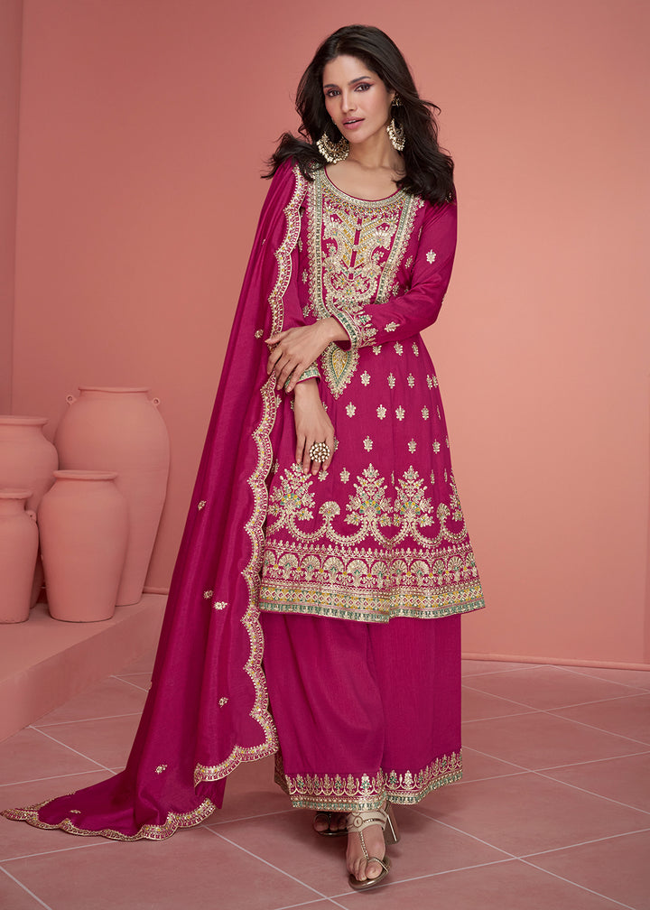 Buy Now Resham Thread Embroidered Pink Festive Palazzo Suit Online in USA, UK, Canada, Germany, Australia & Worldwide at Empress Clothing.
