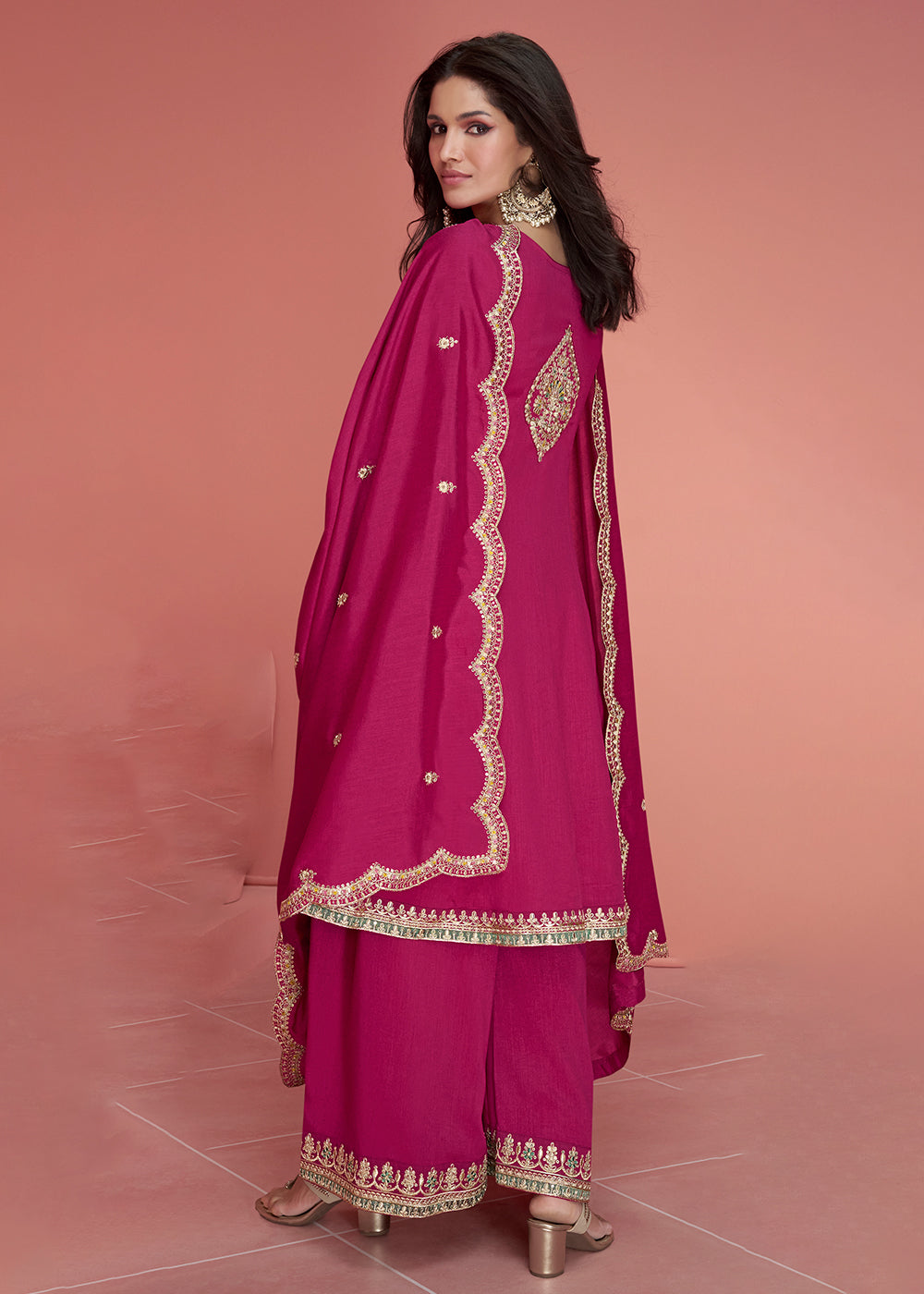Buy Now Resham Thread Embroidered Pink Festive Palazzo Suit Online in USA, UK, Canada, Germany, Australia & Worldwide at Empress Clothing.