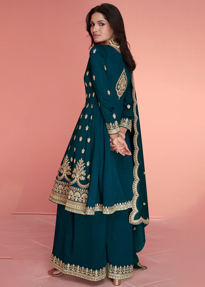 Buy Now Resham Thread Embroidered Blue Festive Palazzo Suit Online in USA, UK, Canada, Germany, Australia & Worldwide at Empress Clothing.