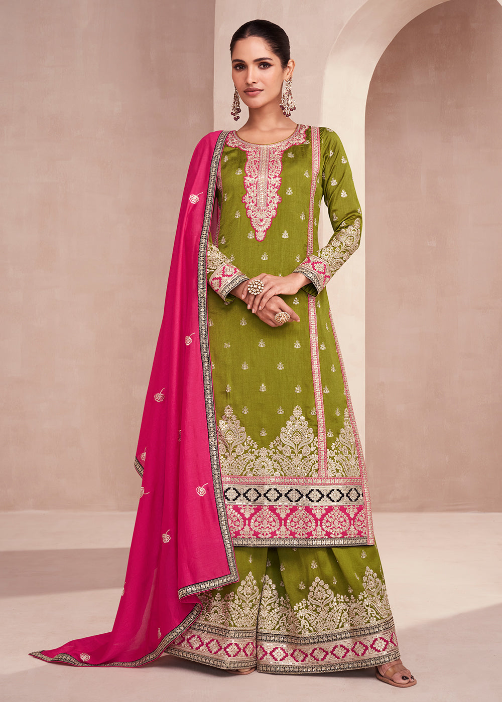 Buy Now Green Embroidered Premium Silk Palazzo Suit with Pink Dupatta Online in USA, UK, Canada, Germany, Australia & Worldwide at Empress Clothing.