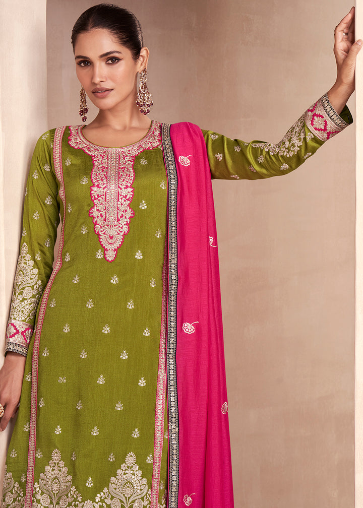 Buy Now Green Embroidered Premium Silk Palazzo Suit with Pink Dupatta Online in USA, UK, Canada, Germany, Australia & Worldwide at Empress Clothing.