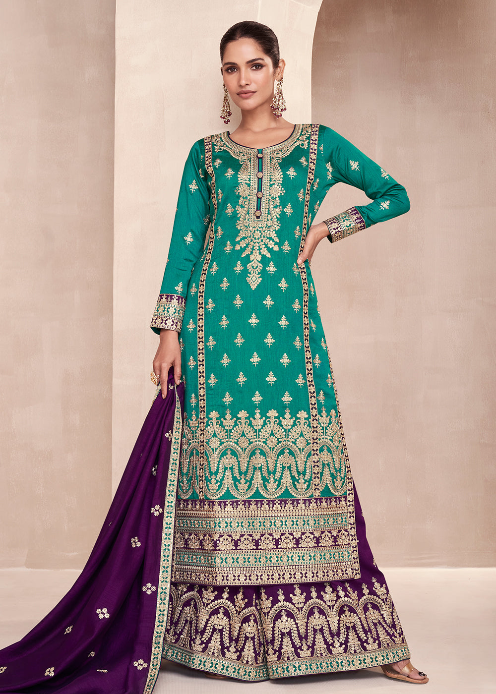 Buy Now Teal Embroidered Premium Silk Palazzo Suit with Blue Dupatta Online in USA, UK, Canada, Germany, Australia & Worldwide at Empress Clothing.