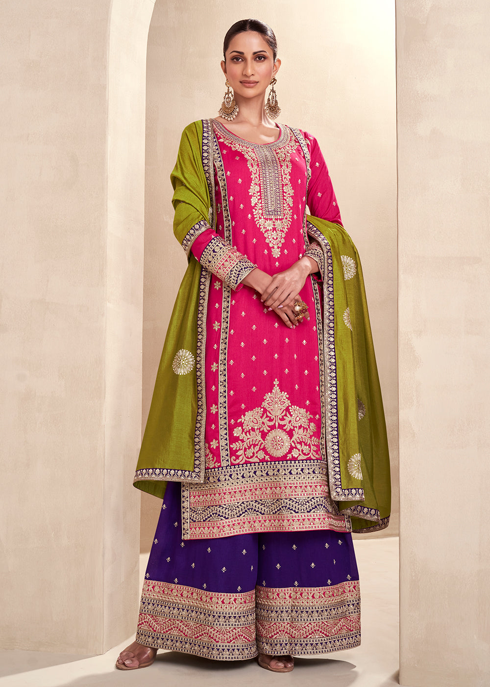 Buy Now Pink Embroidered Premium Silk Palazzo Suit with Green Dupatta Online in USA, UK, Canada, Germany, Australia & Worldwide at Empress Clothing. 